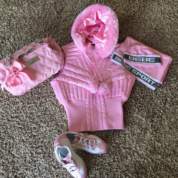 bebe Jackets & Blazers - BEBE Sport Pink Puffer Hooded Vest with Pom Pom's
